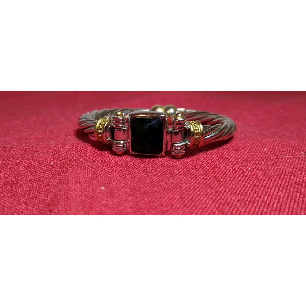 Vintage Silver Tone Hinged‎ Clamp Cable Bangle Bracelet Black Center Stone